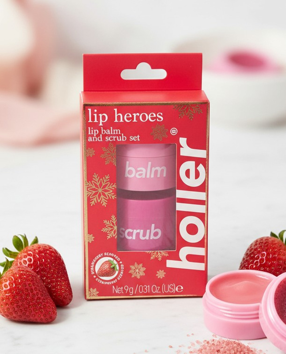 Holler Lip Heroes Lip Balm & Scrub Set Strawberry Scented Vegan‎ 2pc Set in Box